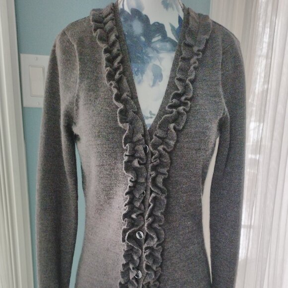 Grey Ruffle Italian Merino Wool Cardigan - Picture 1 of 13